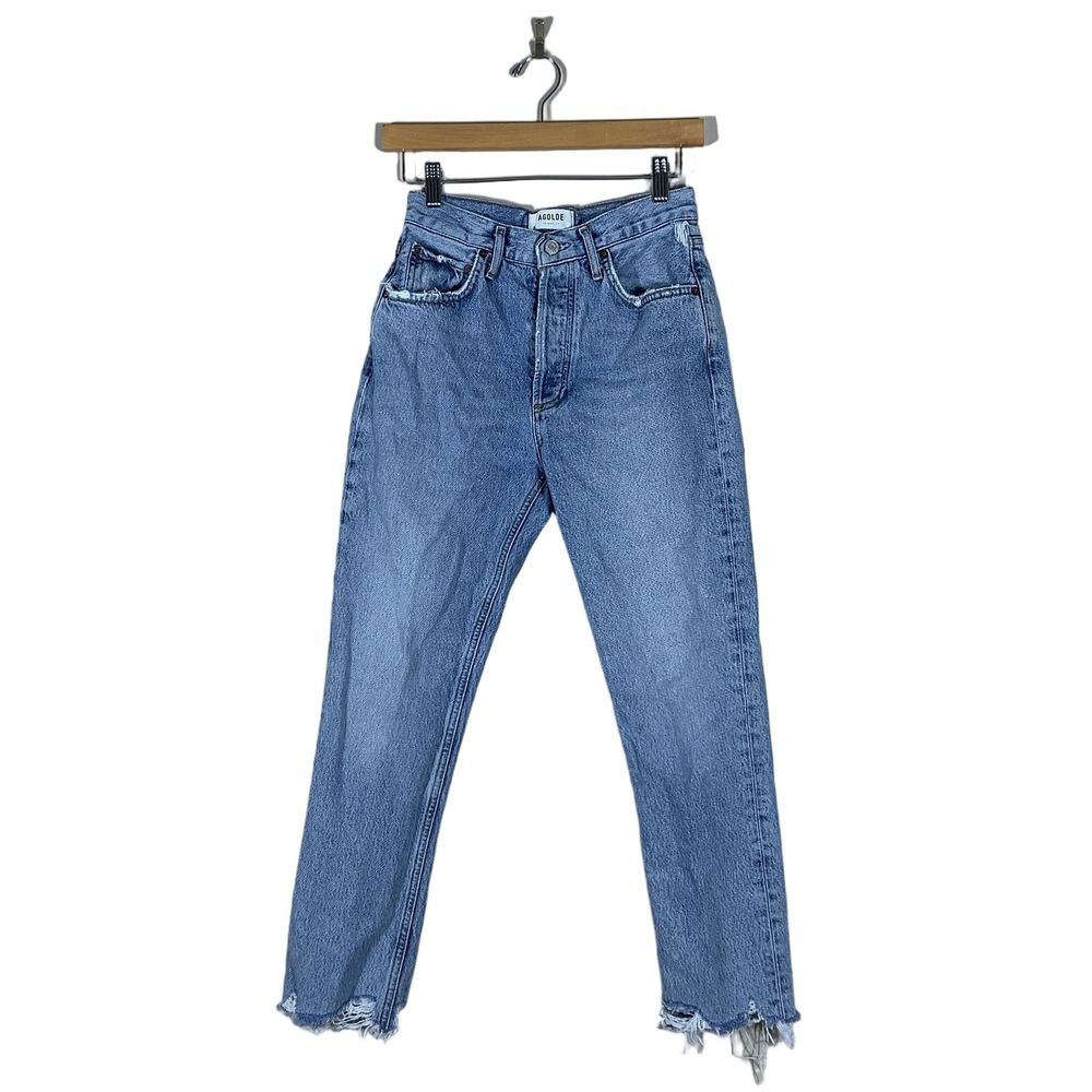 AGOLDE Riley Crop High Rise Straight Leg Blue Distressed Raw Hem Jeans Size 25